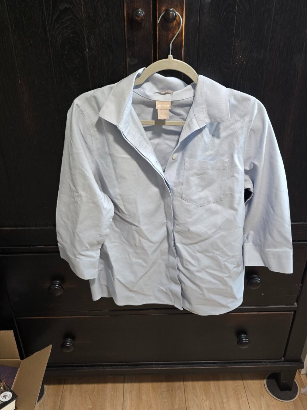 Chicos blouse no iron womens 0 cotton 3/4 sleeve light blue lightweight